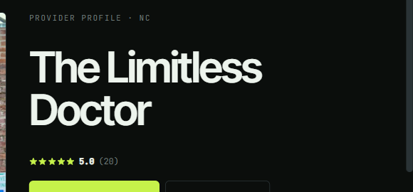 A PeptideIQ provider page headed with a chiropractic practice's name, marked Provider Profile, carrying a five-star rating.